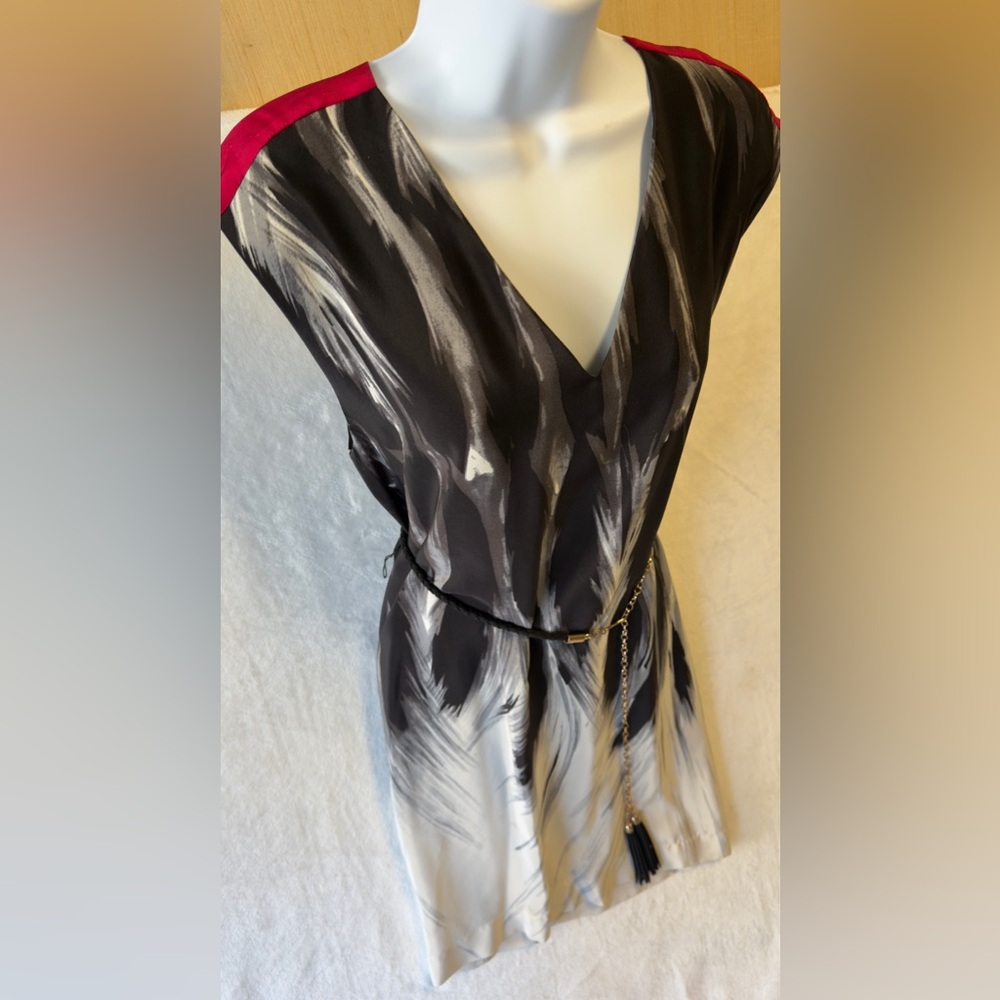 Akiko Silk Black and White Mini Dress with Gold Chain